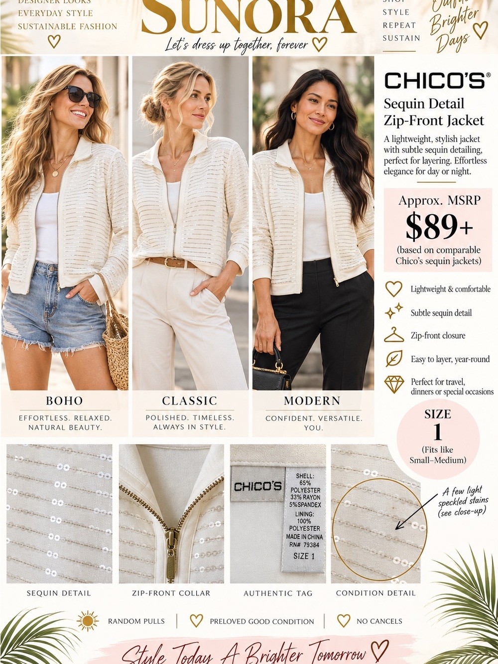 Chico's Cream Sequin-Trim Zip-Front Jacket